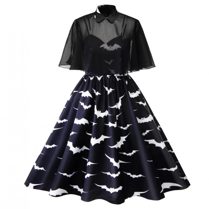 

4XL 3XL Plus Size Halloween Bat Print Gothic Dress Women Punk Party Dresses Bowknot Self Gothic Dress Clothing Swing Vestidos