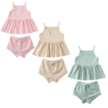 

2020 Baby Summer Clothing 2PCS Infant Baby Girl Clothes Solid Sleeveless Tops Dress+Shorts Pants Ribbed Outfits