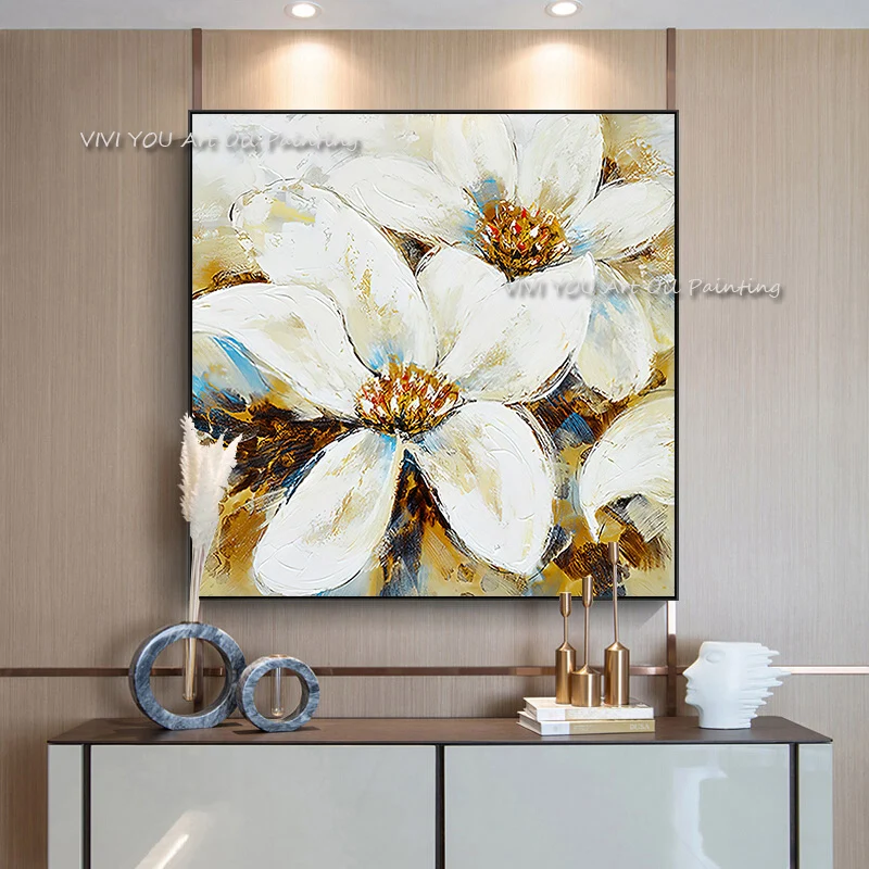 

100% Hand painted Modern Abstract canvas White Flower Oil Painting Plant for Home Decoration picture Living Room Gift