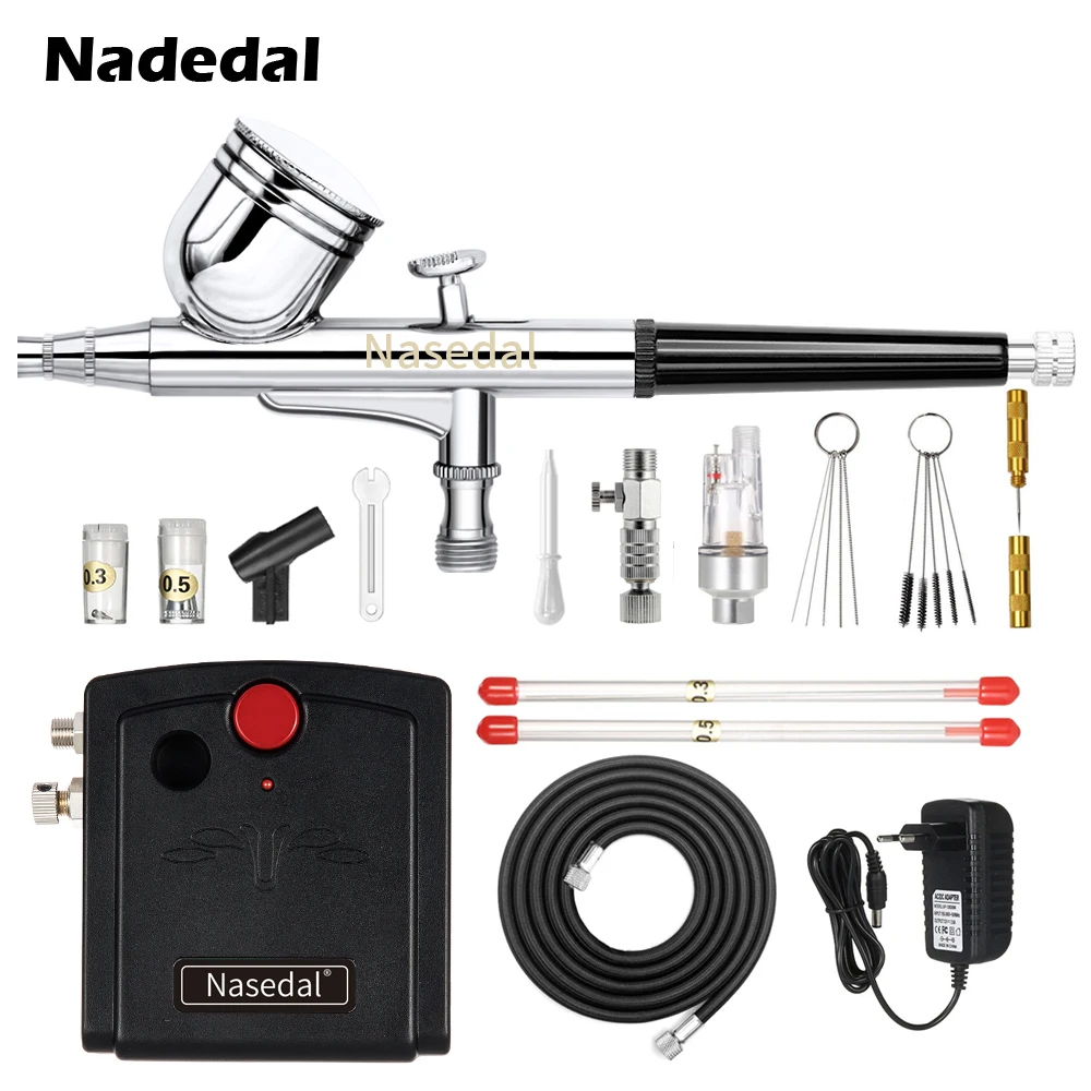 Nasedal Dual-Action Spray Gun Airbrush with Compressor 0.3mm Airbrush Kit for Nail Airbrush for Model Cake Car Painting NT-19