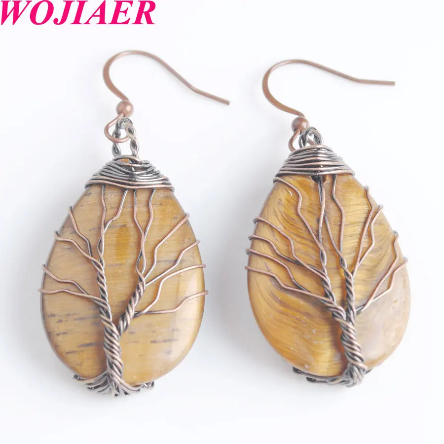 5Pair Tiger Eye WOJIAER Племенной Медь серьги висячие серьги в форме капли воды "Древо жизни" проволочный Обёрточная бумага в виде капель с кристаллами в форме Натуральный камень ювелирные изделия PBV910 - Окраска металла: 5Pair Tiger Eye