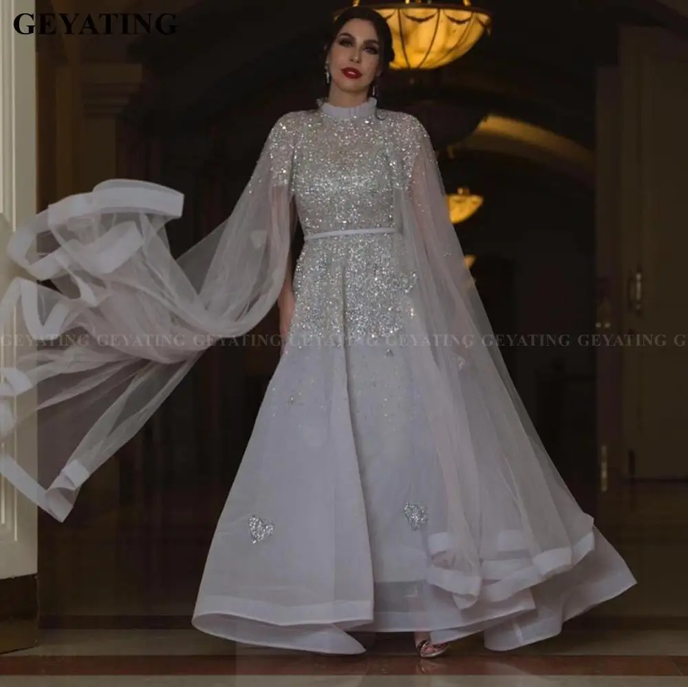 

Luxury Crystal Beaded Muslim Arabic Evening Dress with Cape Sleeves High Neck Dubai Abaya Kaftan Long Formal Prom Dresses 2020