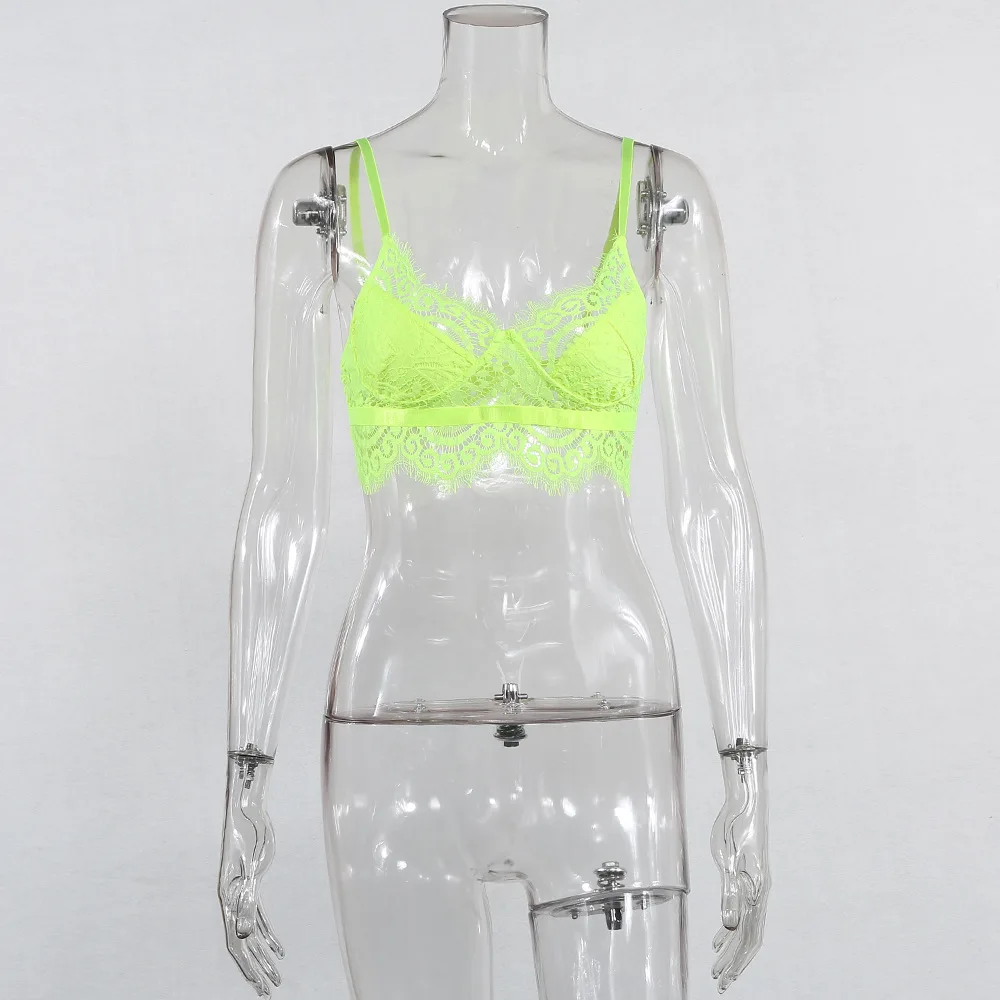 neon green Криптографический сексуальный кружевной бюстгальтер без косточек с ресничками, летние короткие топы, однотонный жилет на тонких бретелях, лоскутные сетчатые Обрезанные Топы - Цвет: neon green