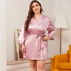 2021 Morning Gown Plus Size Pajamas Women Silk Long-Sleeved Ice Silk Bathrobe Home Service Robe Sexy Ladies Solid Color Dress