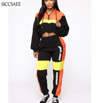 

2019 Autumn Contrast Color Patchwork 2 Piece Set Women Ruched Hoody Crop Top And Pants Sweat Suit Loose Casual Tracksuit Moleton