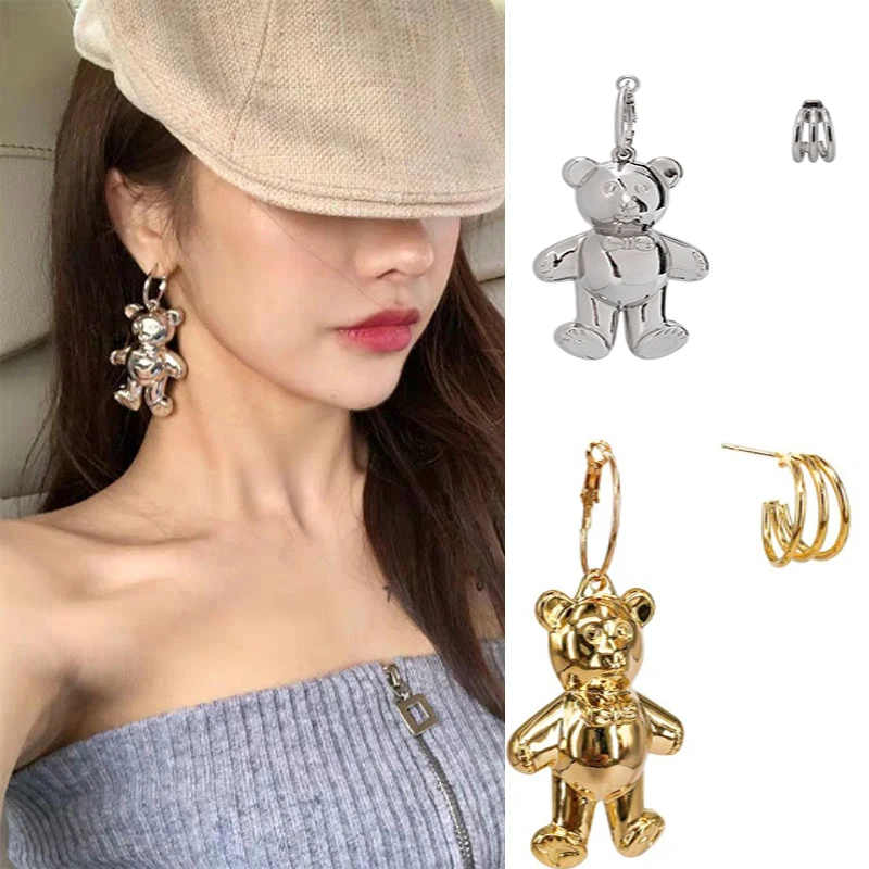HUANZHI Корейский мультфильм Медведь Геометрическая Асимметрия Круг три пола металлический обруч серьги для женщин девушки вечерние ювелирные изделия