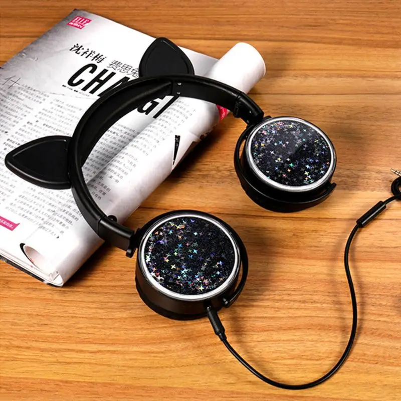Girls Cat Ear Headset with Microphone Quicksand Decor Music Sports Wired Headphones for Kids Gifts