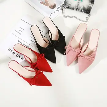 

New Suede Pointed Fine with Semi-Trailing Black 4cm Comfortable Bow Outer Wear High Heel Sandals And Slippers Women's Summer