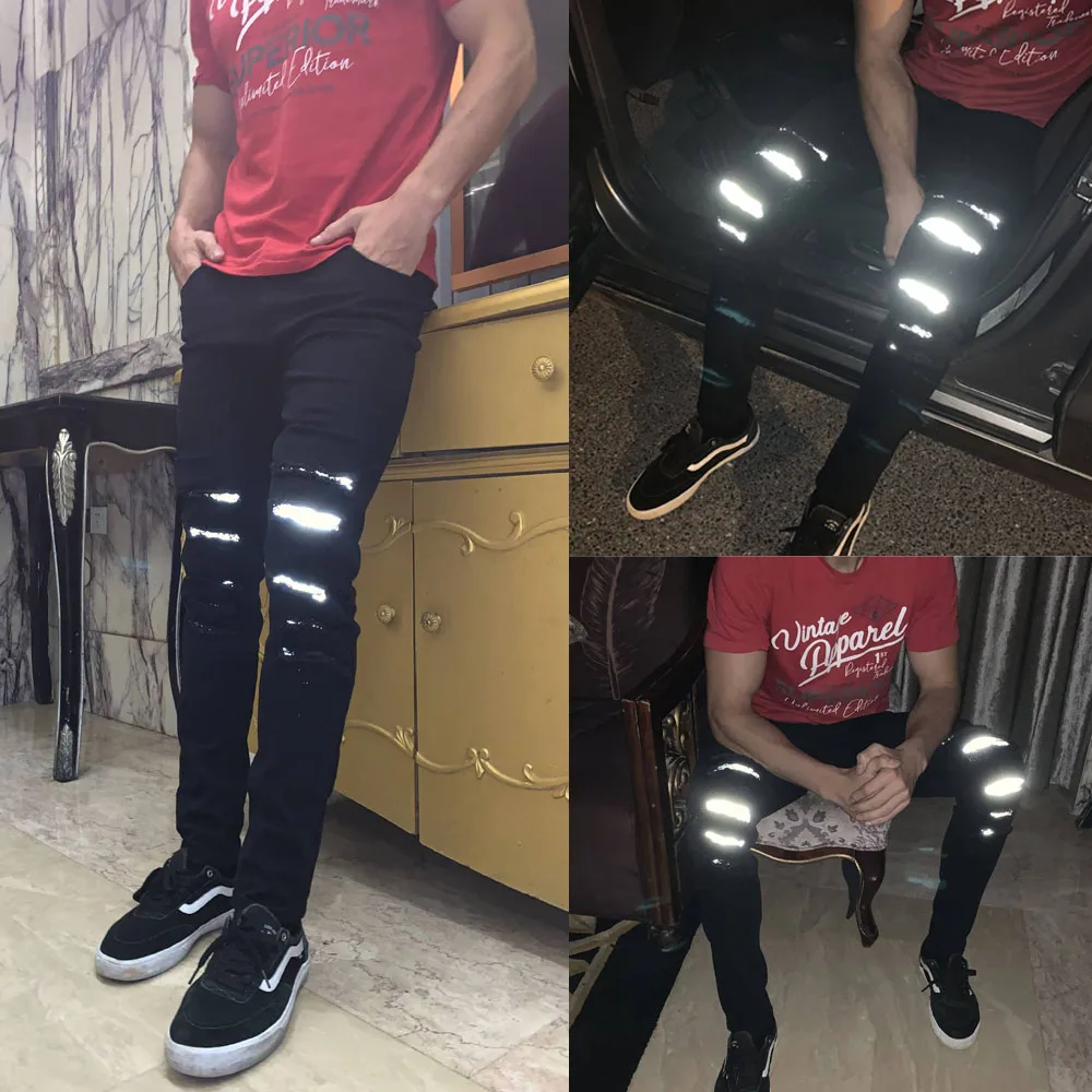 Новая мода мужские обтягивающие стрейч Fit рваные джинсовые брюки мужские светоотражающие длинные джоггеры брюки-карандаш черные Осень Зима Горячая