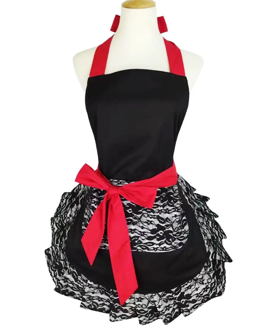 Hot Retro Black Lace Flirty Apron with Pocket Floosum Fun Retro Sexy Cooking Pinup Kitchen Aprons for Women Girls Gift Dress