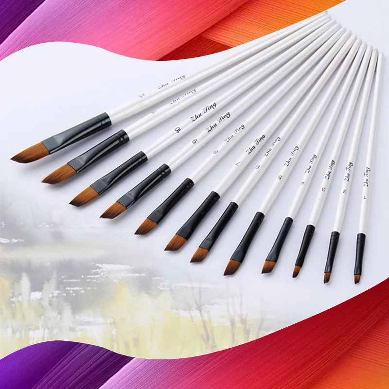 Brush Pen Delicate Durable Nylon 12Pcs Craft Art Drawing Supplies Painting Brush Acrylic Nylon Hair Paintbrush