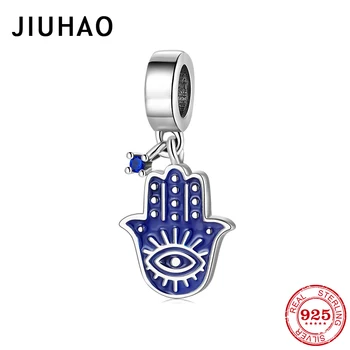 

Genuine 925 Sterling Silver blue Hand of Fatima pendants charms for bracelet making fit designer beads bracelet