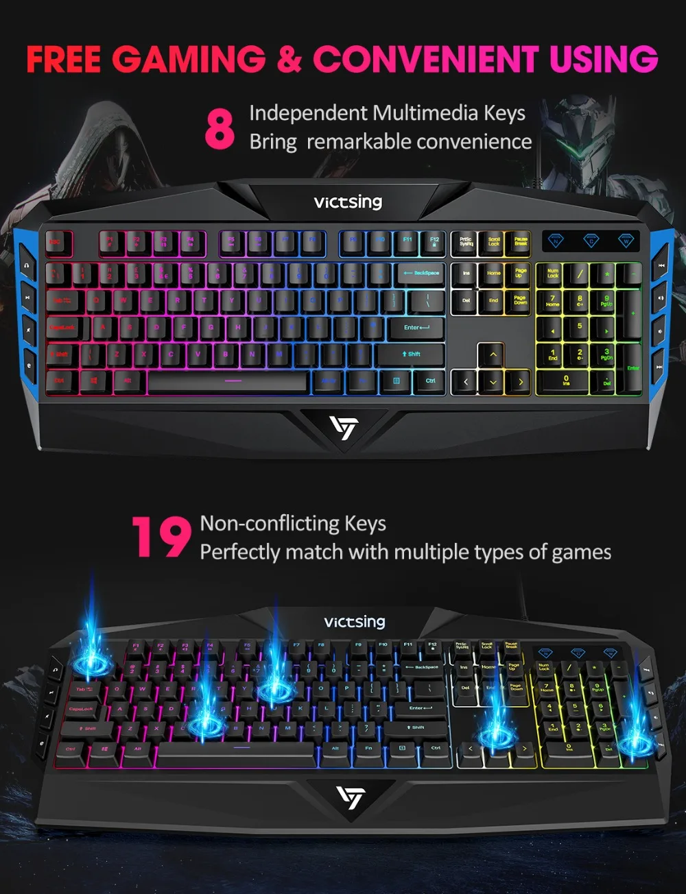 VicTsing PC225 Gaming Keyboard Rainbow LED Backlit Wired Membrane keyboard With Mechanical Feeling Ergonomic Design 112 Keycaps (4)