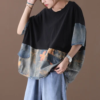 

[EWQ] Oversized 2020 New Pattern Round Collar Half Sleeve Denim Print Patchwork Vintage T-shirt Women Large Size 3AJ51207XL