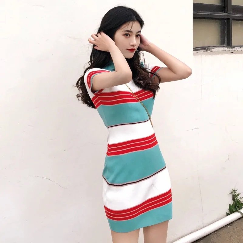 Stripe Knitted Dress Spring Summer Short Sleeve Color Knitted O Neck Vestido Slim Women Fashion Dresses Casual Wear
