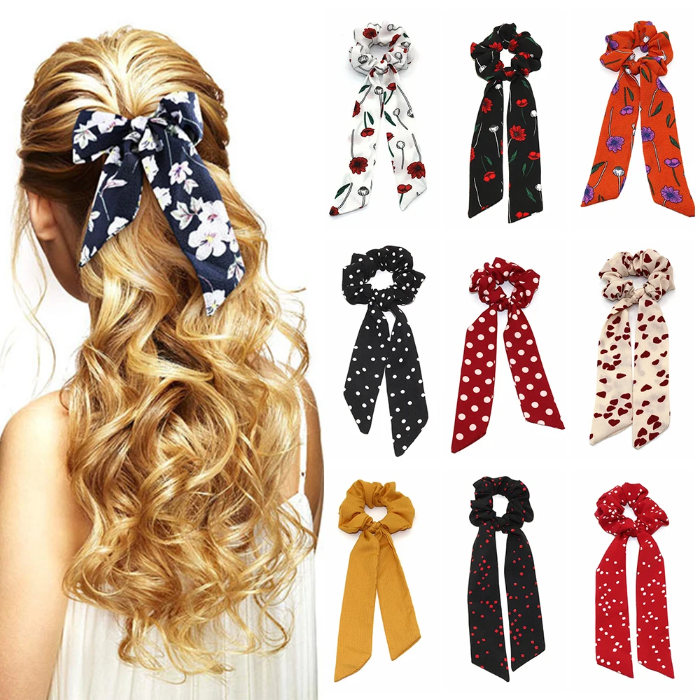 

1PC Boho Print Hair Scrunchie Ponytail Holder Scarf Hair Tie Rope Floral Bow Scrunchie Ribbon Elastic Hair Band Hair Accessories