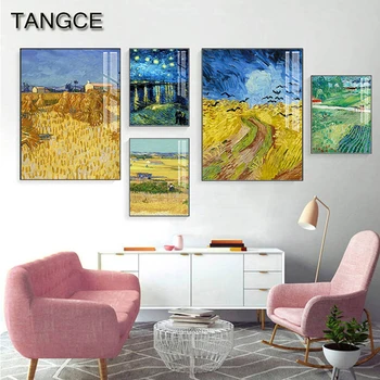 Cuadro de pintura clásica de paisaje de Van Gogh, sala de estar amarillo para arte de pared, pasillo, póster impreso abstracto para salón de belleza