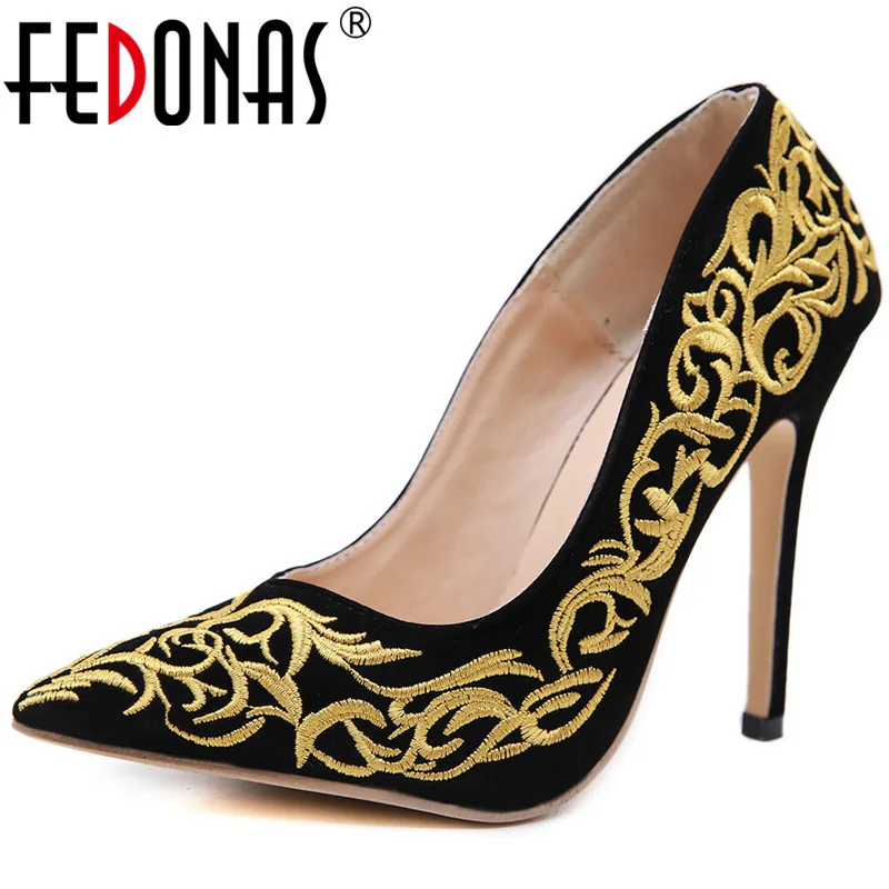

FEDONAS Shallow Pumps Women Embroider Super High Heels Spring Summer Party Prom Shoes Woman Elegant Pointed Toe Shoes Woman