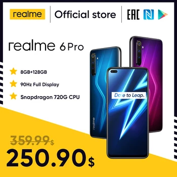 Перейти на Алиэкспресс и купить Realme 6 Pro мобильный телефон 6,6 дюймов 90 Гц Дисплей 64MP Cam 8 ГБ 128 Snapdragon 720G смартфон мобильный телефон