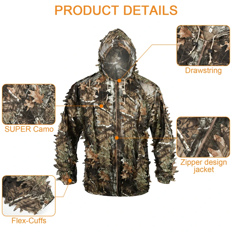Maple Leaf Bionic Ghillie Suit Hooded Hunting Clothes CS Breathable Outdoor Birdwatching Forest Hunting Tactical Airsoft Gear
