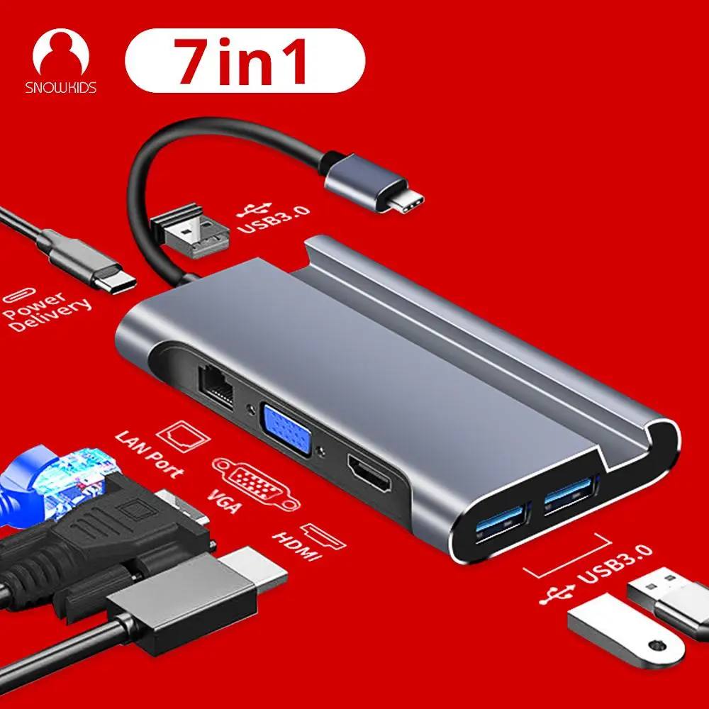 Snowkids Type C Docking Station for Laptop Smart Phone 7 in 1 VGA PD LAN HDMI USB3.0 Port Expansion