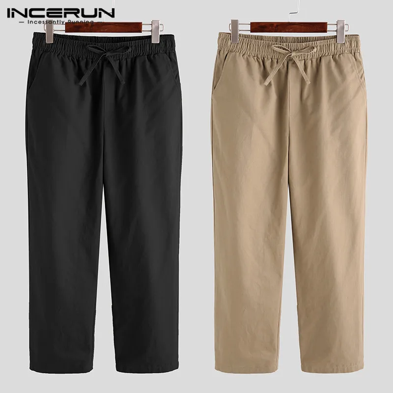 INCERUN Men Casual Pants Elastic Waist Solid Cotton Leisure Streetwear Joggers Classic Trousers Men Fashion Long Pants Plus Size