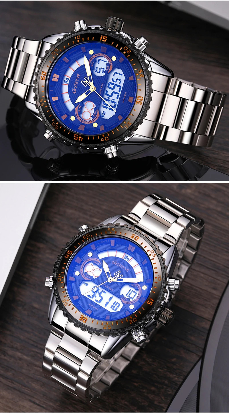2020 New Stryve 8020 Luxury Men Watch Stainless Steel Military Dual Display Waterproof Quartz Digital Sports Watch reloj hombre