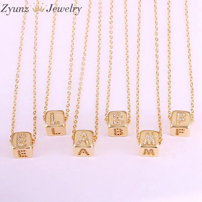 

10PCS, CZ Micro pave letter bead charm pendant necklace Gold Color Cubic Zirconia Pendant with link chain necklace