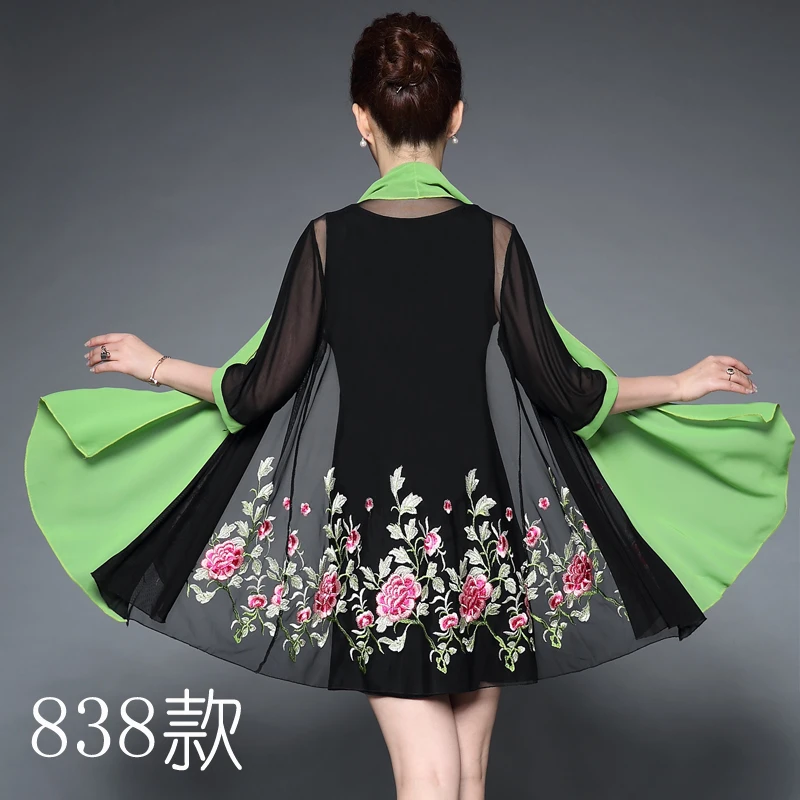 Женское Повседневное платье с вышитыми цветами для среднего возраста, летнее осеннее платье из двух частей, черные вечерние платья Vestidos размера плюс 6XL
