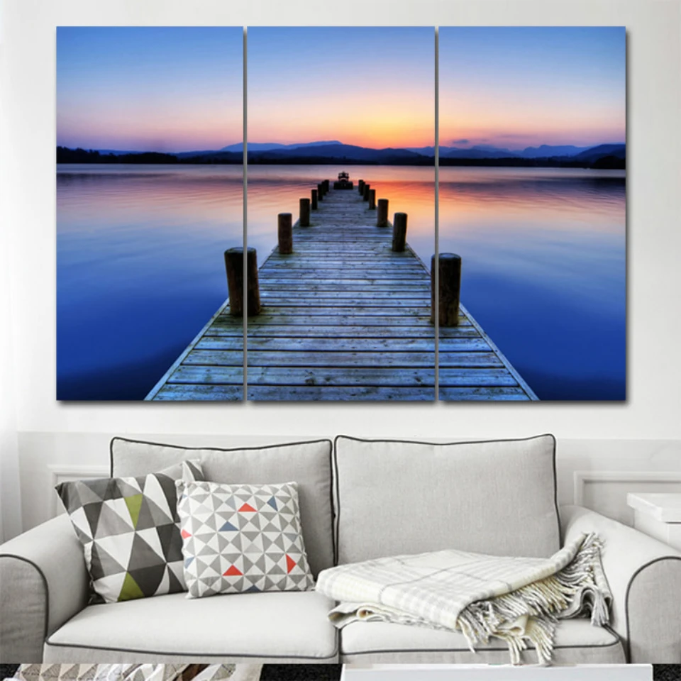 

Wooden stakes by the lake 3 pcs HD Canvas Painting Modern Home Decoration Living Room Canvas Print Painting Wall Decor Picture