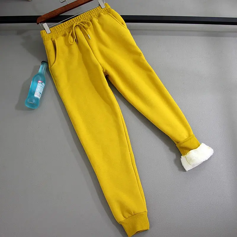 Овечья шерсть флис осень зима брюки женские плотные на шнуровке Длинные спортивные штаны теплые шаровары свободные хлопковые женские брюки C5874 - Цвет: yellow pants