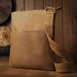 Bolsa masculina de couro de cavalo louco artesanal, bolsa de ombro retro simples de couro masculino, bolsa de mensageiro masculina de couro