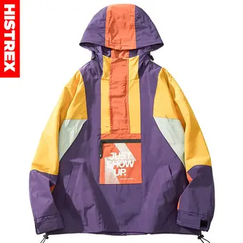 

2020 Men Harajuku Hip Hop Jacket Coat Streetwear Color Block Hooded Windbreaker Jacket Retro Patchwork Zip Track Jacket Autumn