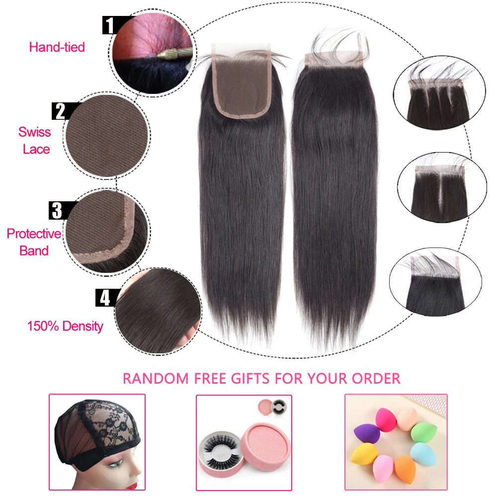 Human Hair Bundles With Closure Straight Hair 3 Bundles With Closure Brazilian Hair Weave Bundles 24 26 28 Inch Hair Ms Love