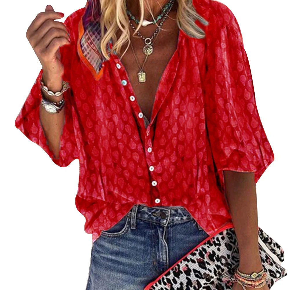Гавайская женская рубашка осенние модные блузки женские повседневные Длинные рукава закатные рукава с манжетами женские топы плюс размер 5XL уличная - Цвет: red