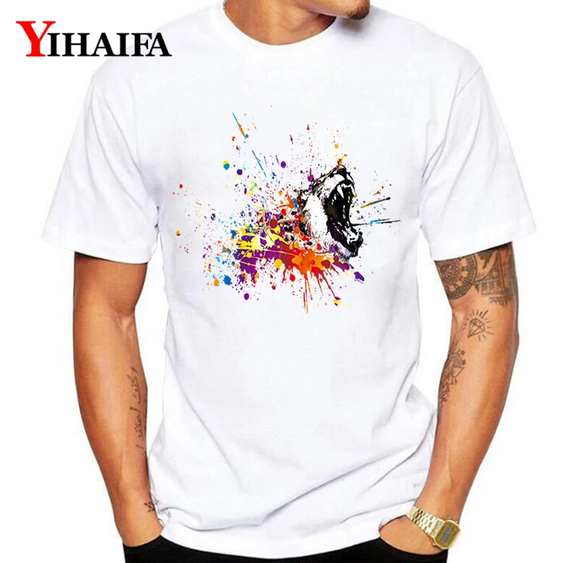 

T-Shirt Mens Males Colorful Graffiti Animal Painted Roupas Print Graphic Tees Casual White Tee Shirts Hip Hop Tops