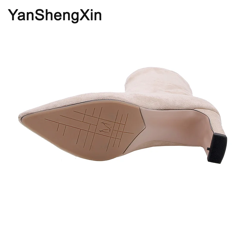YANSHENGXIN/обувь; женские ботинки; эластичные носки; ботинки до середины икры; женская обувь с острым носком на натуральном меху; сезон осень-зима; ботинки; женские ботиночки