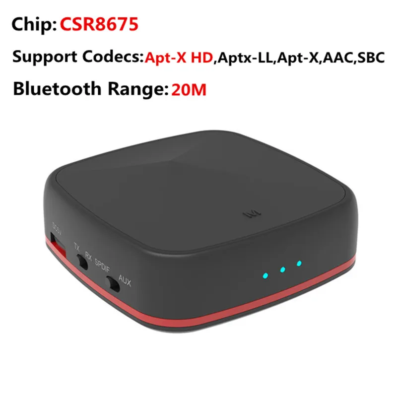 Bluetooth 5,0 передатчик приемник CSR8675/8670 AptX LL HD 3,5 мм разъем Aux SPDIF 2 RCA беспроводной адаптер для ТВ автомобильный аудио приемник - Цвет: Black with Red