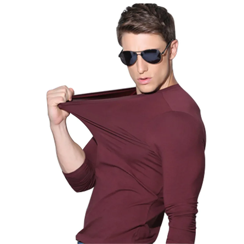 Мужская футболка ONCE из лайкры и хлопка, 4XL, футболка с длинным рукавом, Мужская однотонная Повседневная футболка с длинным рукавом для мужчин - Цвет: Burgundy v