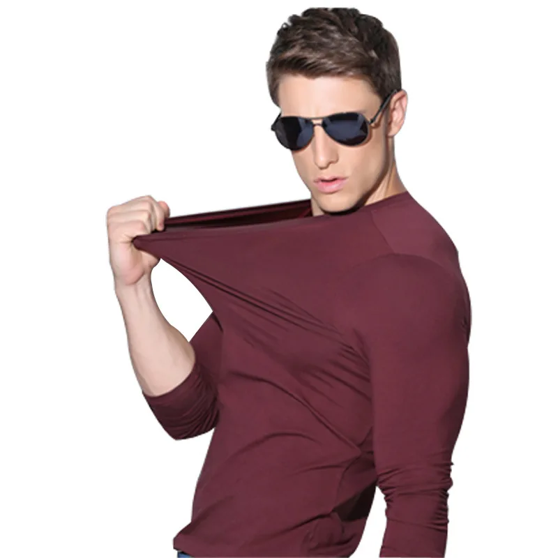 Burgundy v Мужская футболка ONCE из лайкры и хлопка, 4XL, футболка с длинным рукавом, Мужская однотонная Повседневная футболка с длинным рукавом для мужчин - Цвет: Burgundy v