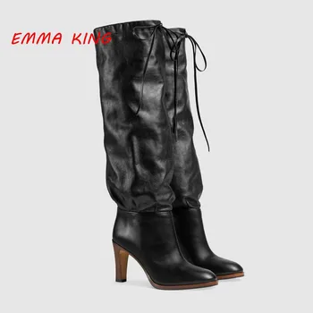 

Sexy Women Chunky High Heels Knight Boots Lace-Up Design Round Toe Fashion Knee High Boots Runaway Style Winter Black Long Boots