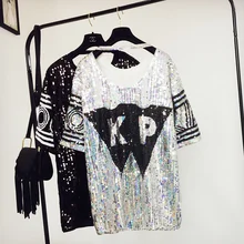 Новые летние женские неупакованные Блестки Длинные футболки повседневные студенческие футболки с короткими рукавами и надписью топы с открытой спиной