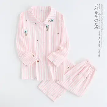 

New Female Pajamas Striped Cartoon Long Sleeve Trousers Pajamas Suit Cotton Double Gauze Home Clothes for Women Sleepwear Set