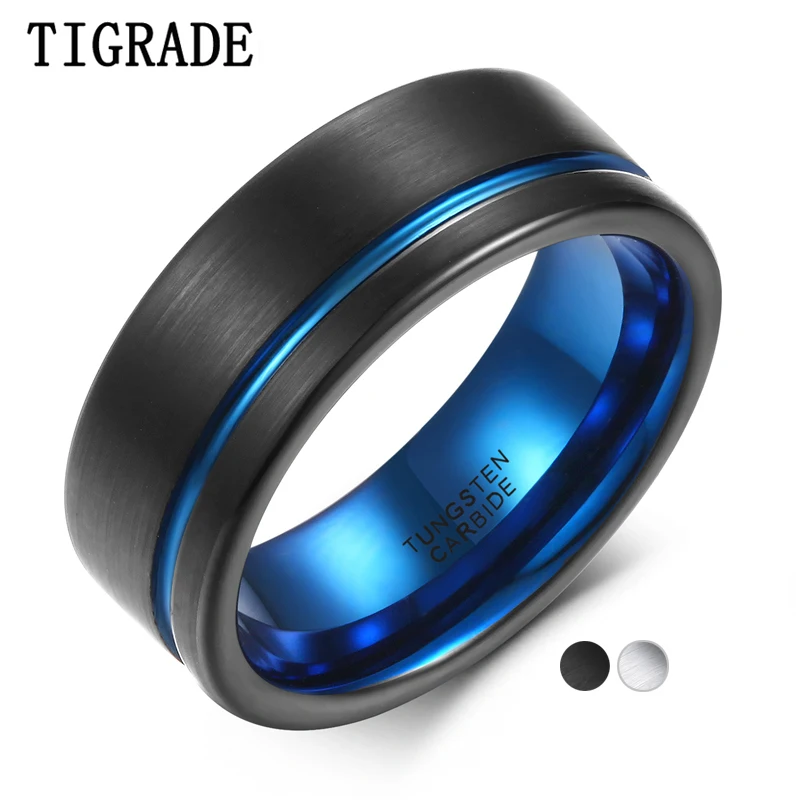 

TIGRADE Black and Blue 8mm Wide Mens Ring Tungsten Carbide Wedding Band With Comfort Fit Silver, Blue Line Brand anillo hombre