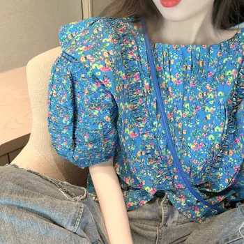 

iMucci Printing Bubble Sleeve Top Female Blue Floral Shirt Design Sense Niche New 2020 Summer Short-sleeved Loose Shirt