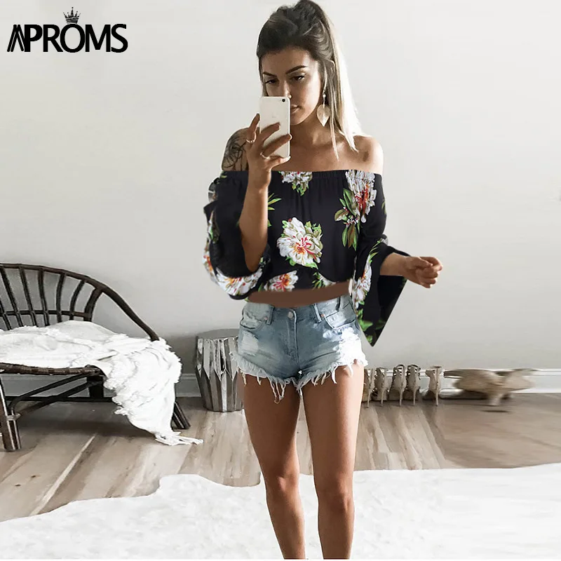  Aproms Flare Sleeve Boho Flower Print Tank Tops Elegant Off Shoulder Crop Top for Women Clothing Su