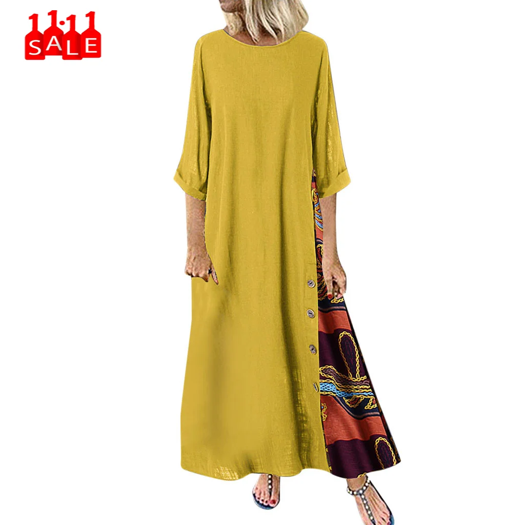 Желтое длинное зимнее платье в стиле пэчворк с рукавами 3/4 и круглым вырезом, женское платье на пуговицах с высоким низким подолом размера плюс, vestidos mujer fiesta noche# ZD