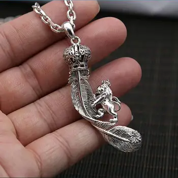 

Solid Silver 925 Lion Crown Feather Pendant Charms For Necklace Men Women DIY Accessory Vintage Real 925 Sterling Silver Jewelry