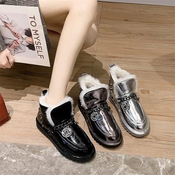 

Fashion Snow boots Women furry leather warm Platform Ladies Winter Shoes Short Ankle Boots Thick Sole Brand Designer Leather