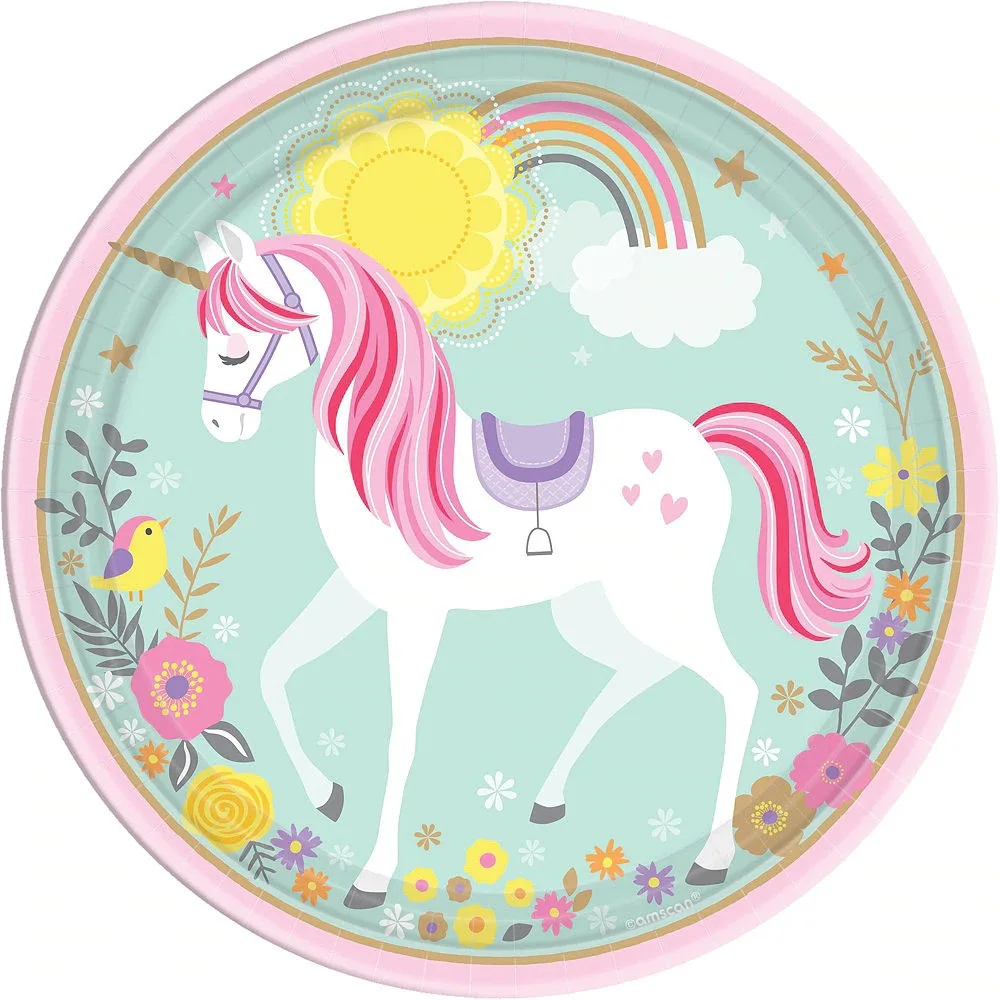 

Pink Rainbow Unicorn Party Tableware Children's Birthday Paper Cup Tray Flag Table Cloth Set